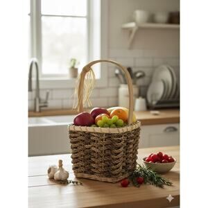 Natural Fibers Woven Market Basket with Handle 6"x6" Square Shabby Cottagecore